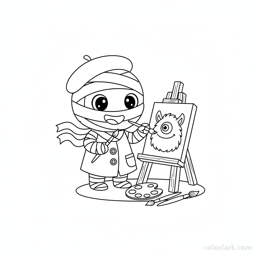 Black and white line art of a cute mummy artist painting a friendly monster picture, Halloween coloring page.
