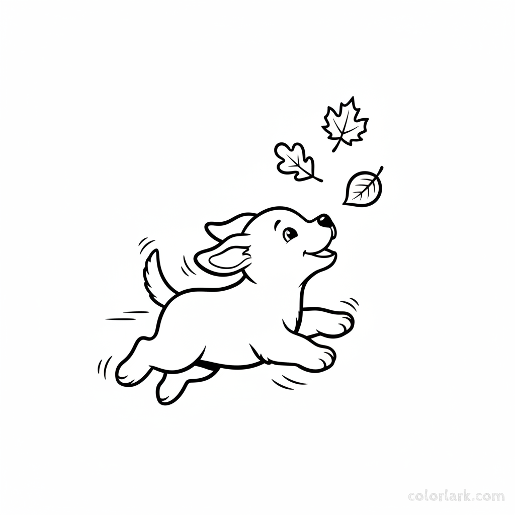 Black and white line art of a small puppy playfully chasing gently falling autumn leaves, for Indian learners to color.