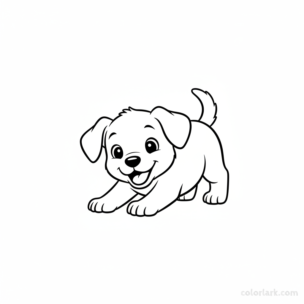 Black and white line art of a small puppy doing a playful stretch-bow, an easy coloring sheet for Indian learners.