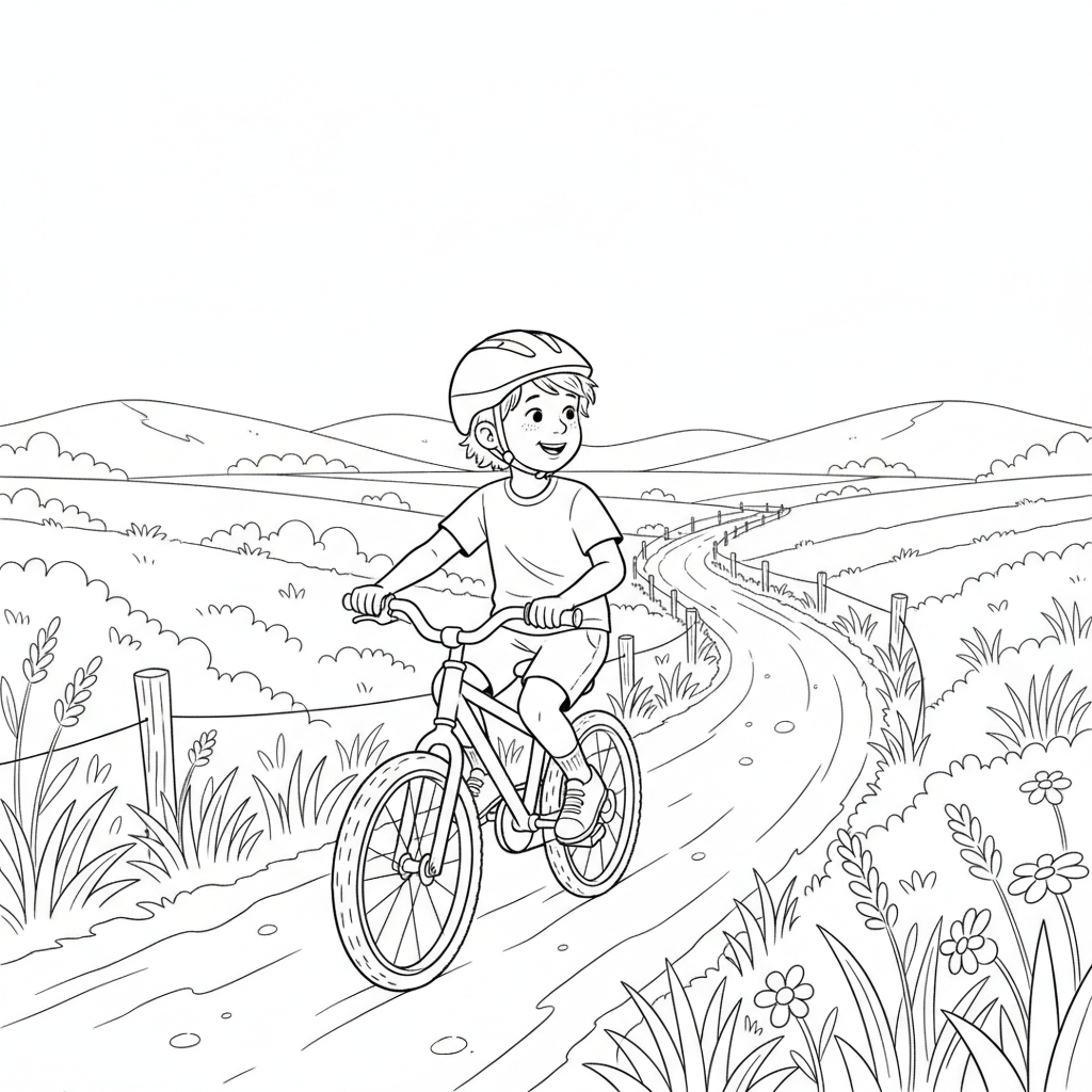 Black and white line art coloring page of a child with a helmet, riding a bicycle on a winding countryside track.