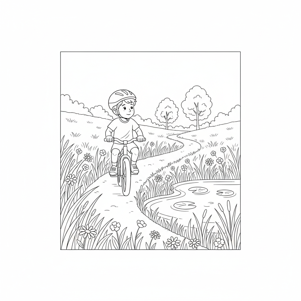 Black and white line art coloring page of a child with a helmet, riding a bicycle on a path through a meadow alongside a pond.