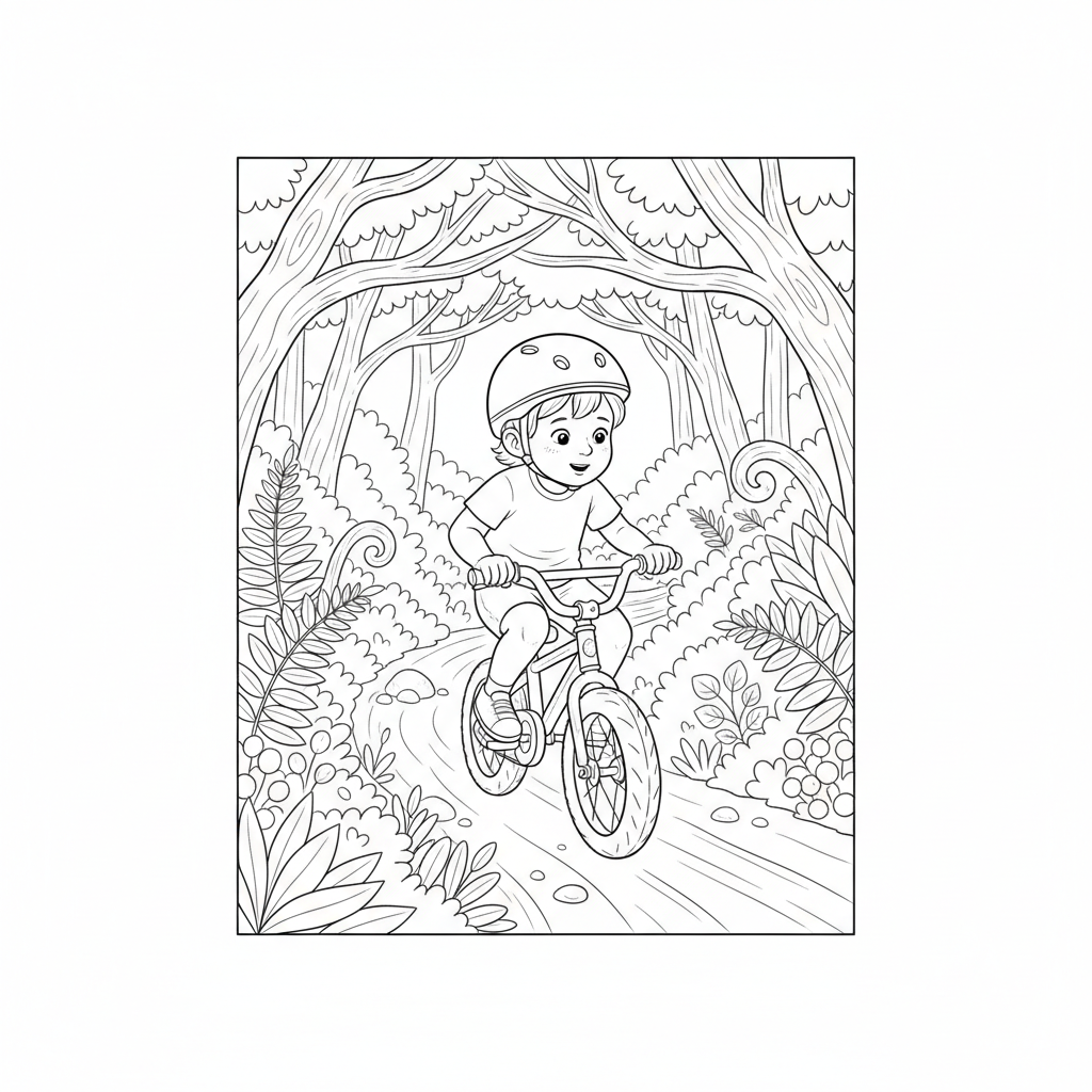 Black and white line art coloring page of a child wearing a helmet, riding a bicycle on a winding track through a woodland.