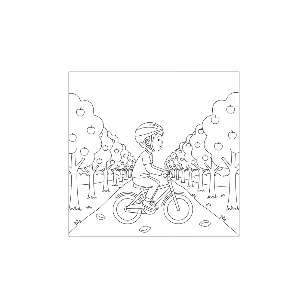 Black and white line art coloring page of a child with a helmet, riding a bicycle down an orchard lane with fruit trees.
