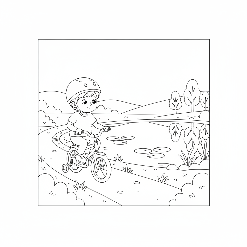 Black and white line art coloring page of a child with a helmet, riding a bicycle on a path next to a calm pond.