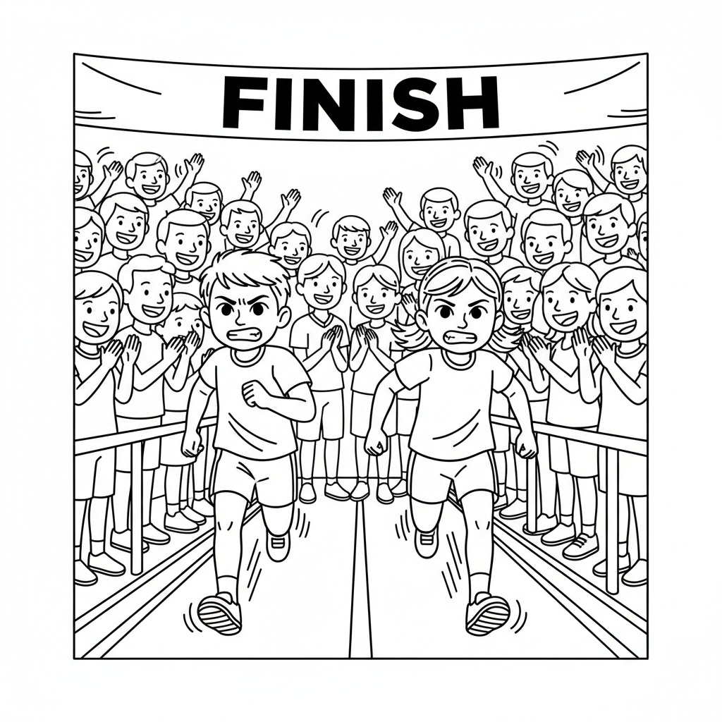 Line art of two little sprinters dashing to a finish line with close-up cheering family