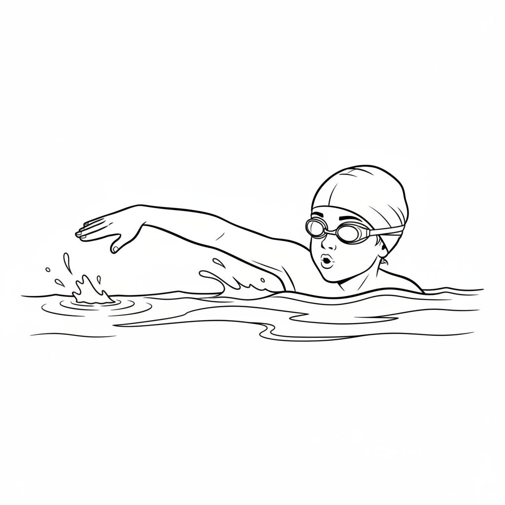 Black and white line art of a child doing a freestyle arm entry into a pool, with cap and goggles visible.