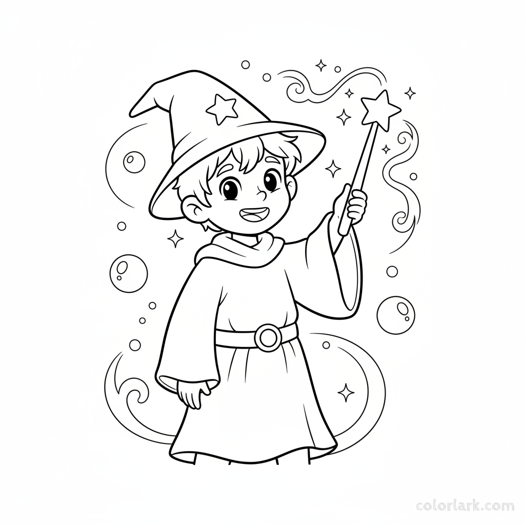 Black and white line art of a little wizard boy casting a gentle sparkle spell with a wand, Halloween coloring page.
