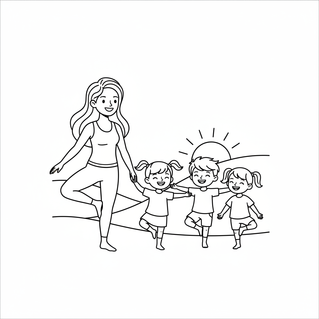 Line art of little yogis practicing Tree Pose with a teacher.