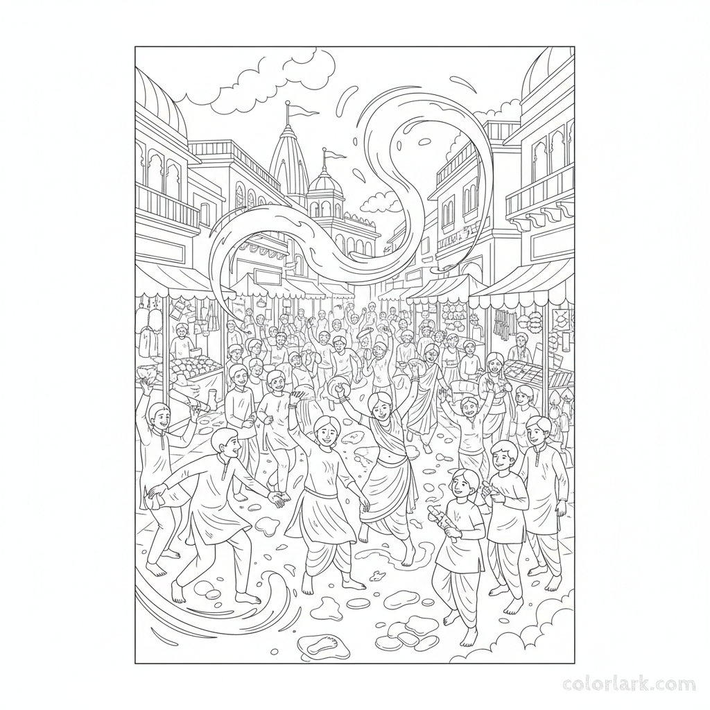 Lively Street Scene Holi Celebration coloring page - free printable for kids and adults.