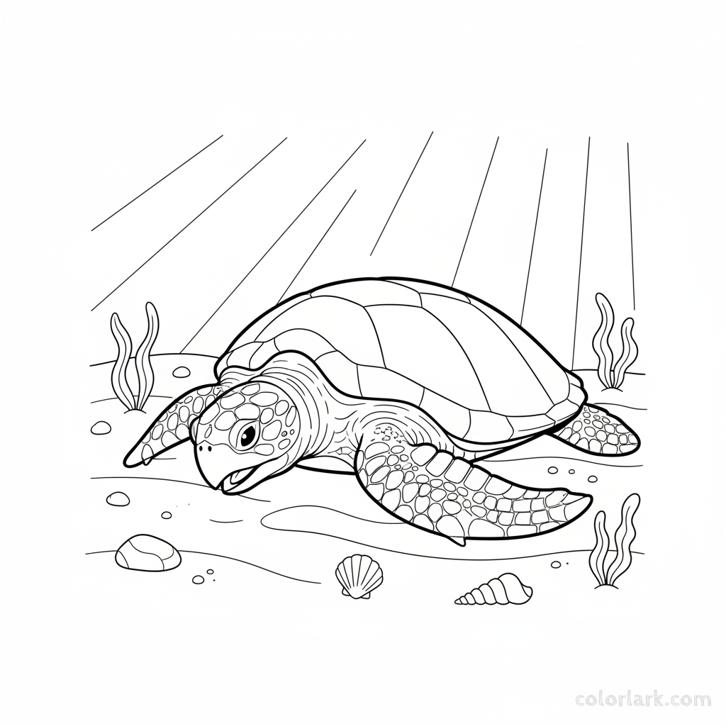 Black and white line art coloring page of a loggerhead sea turtle foraging on a sandy ocean seabed.