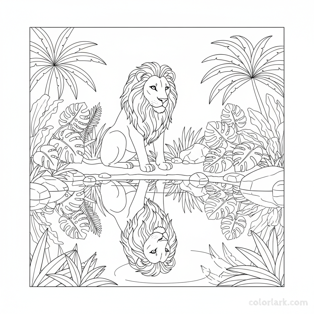 Black and white line art of a lone lion staring at its reflection in a calm jungle pool