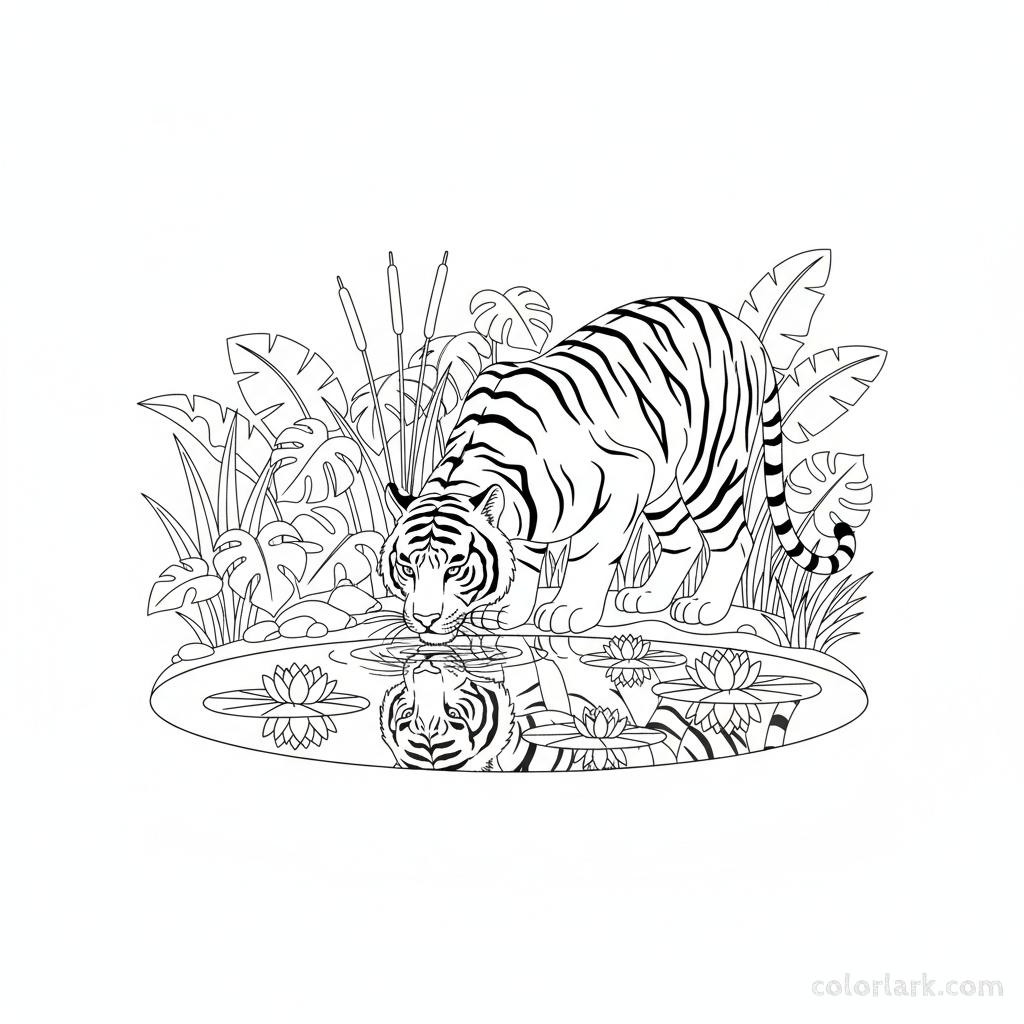 Black and white line art of a lone tiger drinking from a pond with water lilies in an Indian jungle