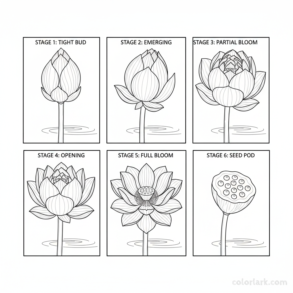 Black and white line art illustrating the sequential stages of a lotus flower from bud to full bloom.