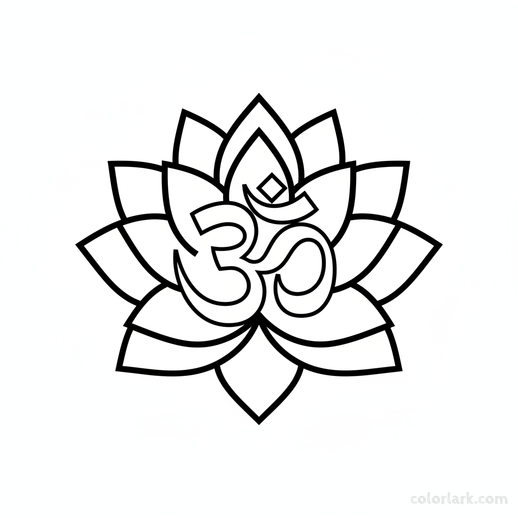 Black and white line art combining a lotus flower with the Om symbol.