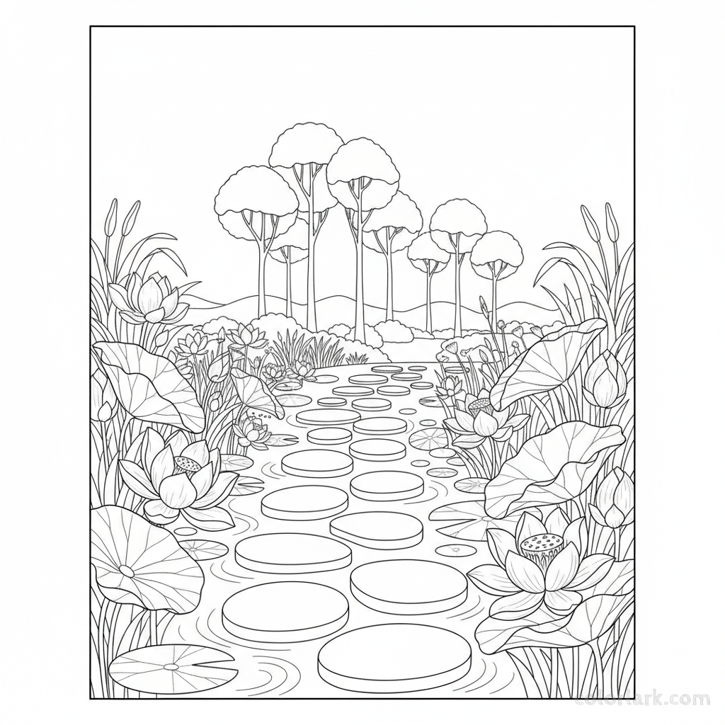 Black and white line art of a winding garden path through a lush lotus garden.