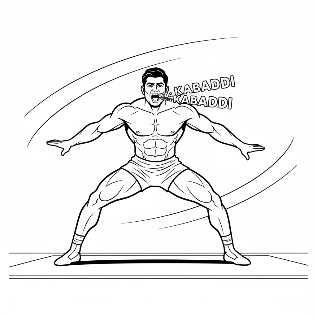 Low angle black and white line art of an Indian Kabaddi player chanting 'Kabaddi Kabaddi'.