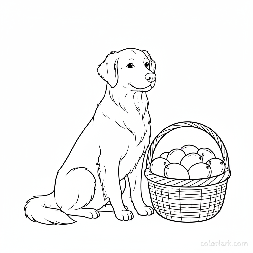 Black and white line art of a loyal dog sitting next to a basket full of mangoes, designed for Indian students to color.