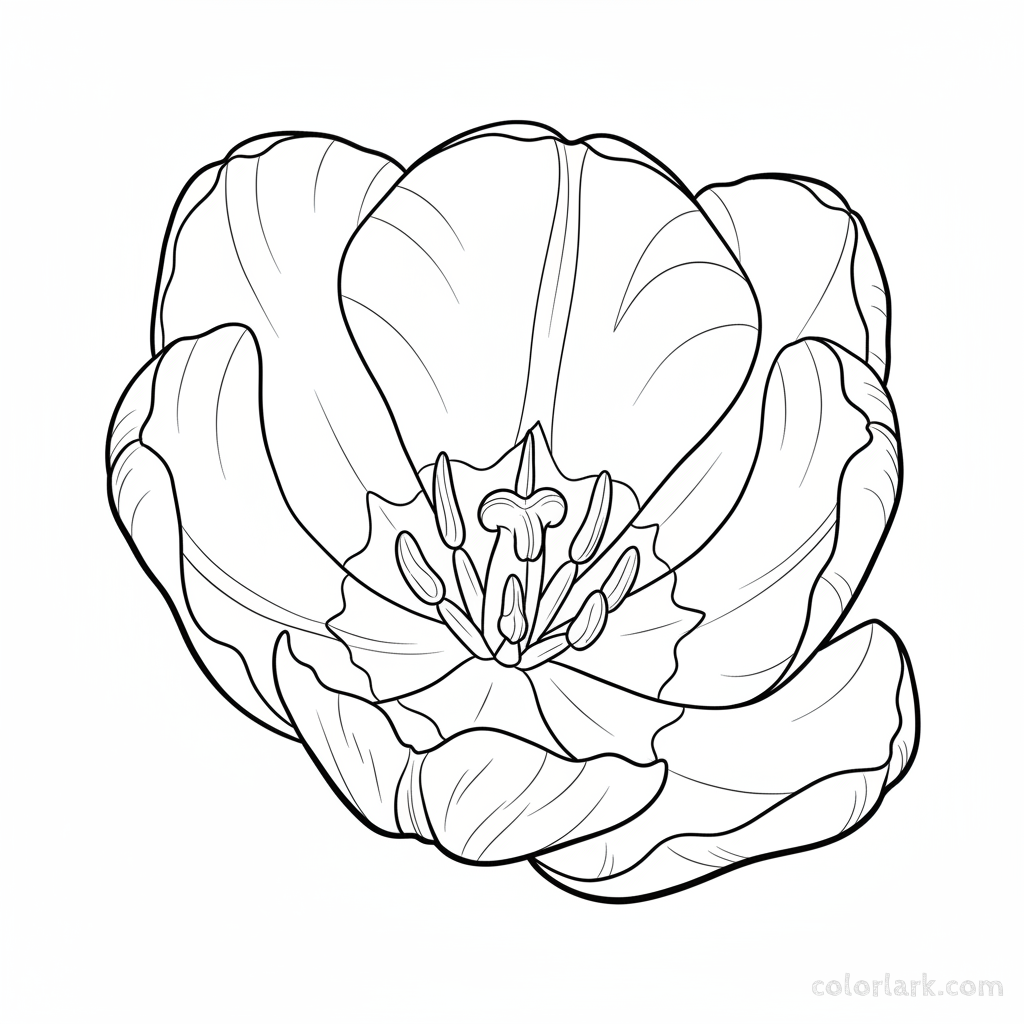 Line art illustration of a macro close-up view of tulip petals and stamen