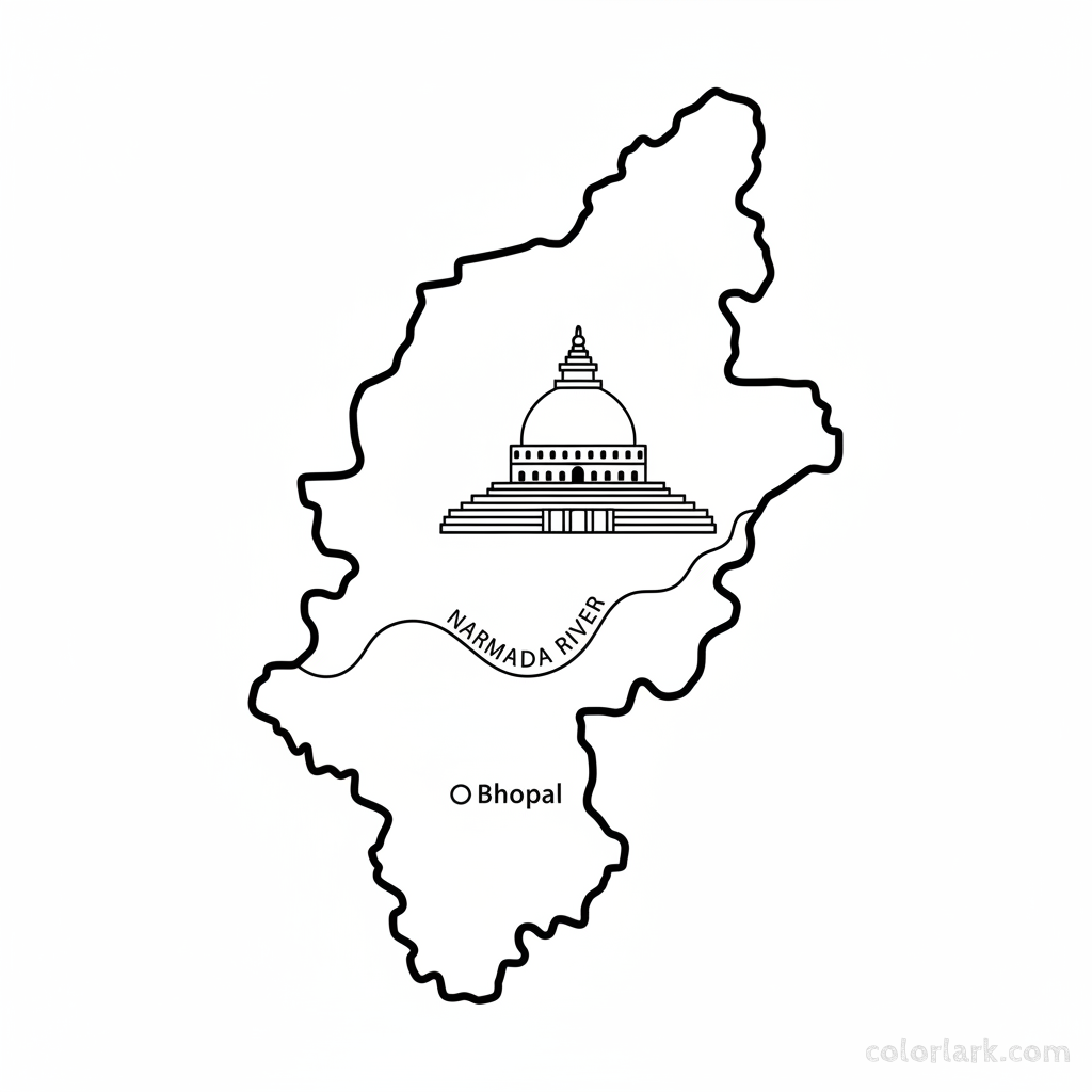 Line art coloring map of Madhya Pradesh state, featuring the Sanchi Stupa and the Narmada River, with Bhopal marked.