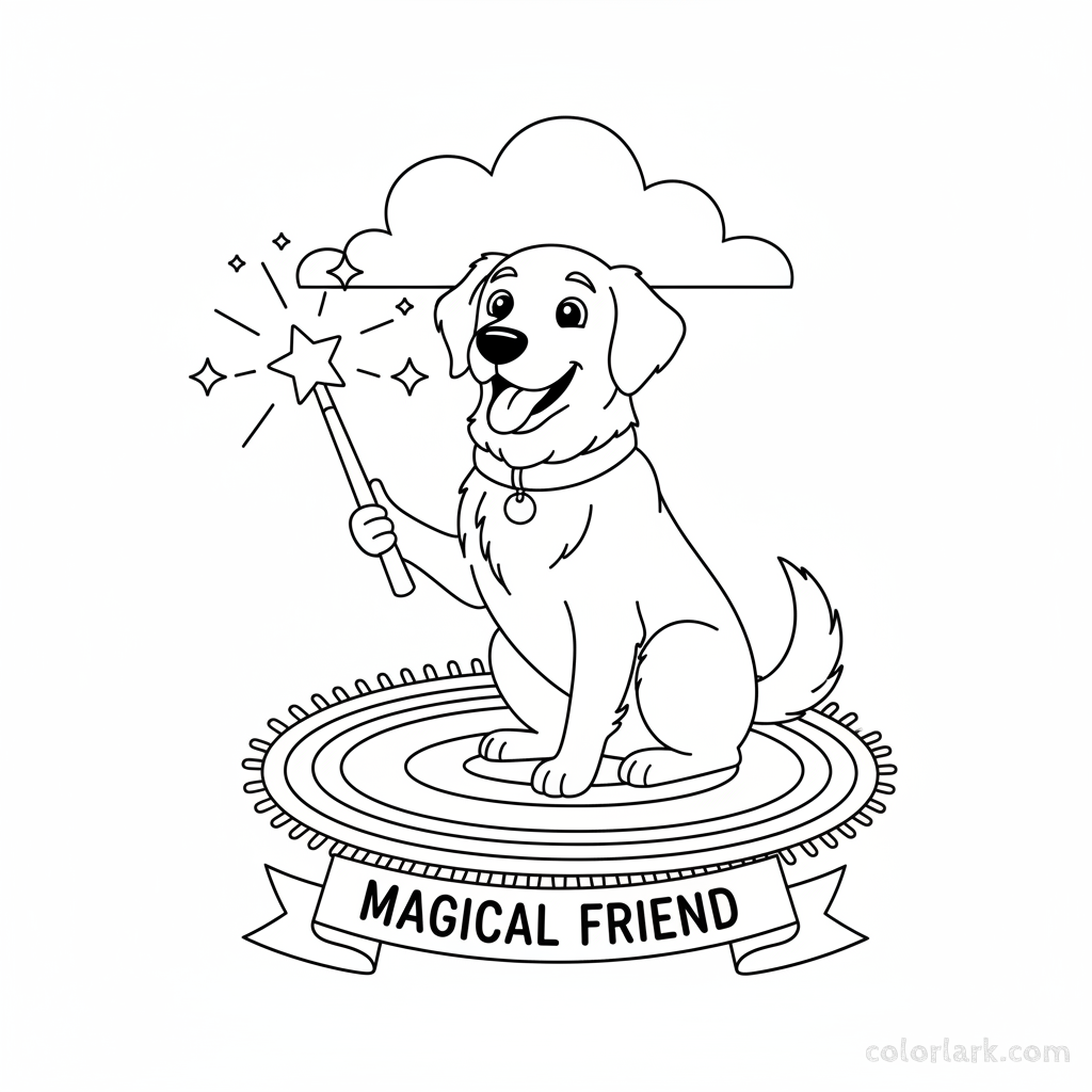 Black and white line art of a charming dog sitting and holding a simple magic wand with a star, for kids in India.