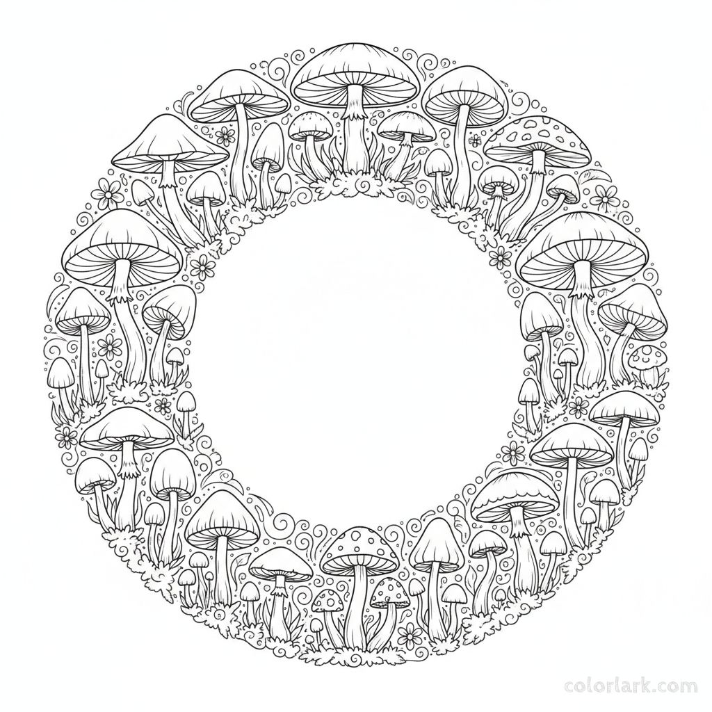Black and white line art of an intricate fairy ring of diverse mushrooms with moss and swirling patterns, for adult coloring.