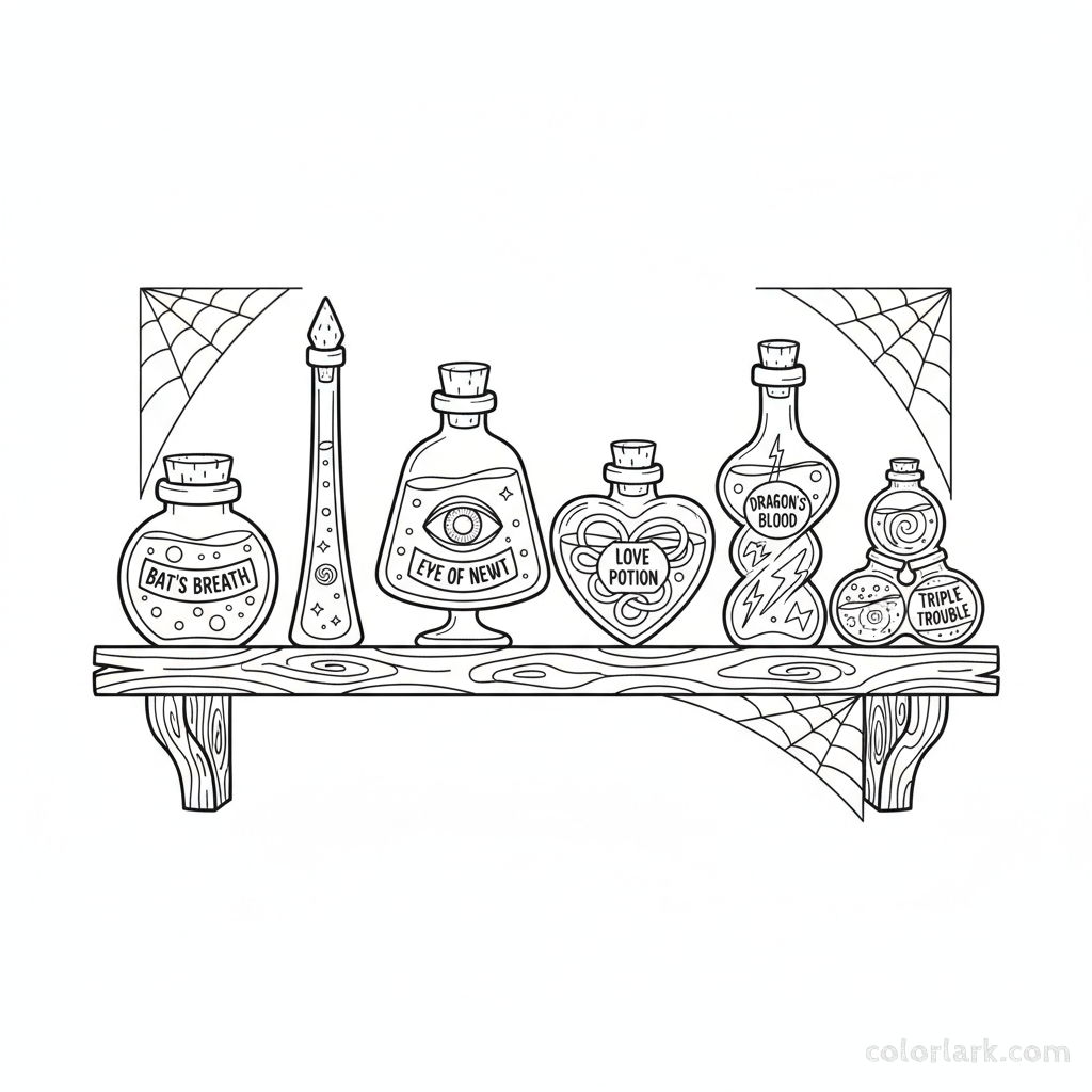 Black and white line art of various uniquely shaped magical potion bottles, jars, and vials arranged on an old wooden witch's shelf.