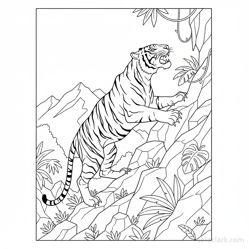 Black and white line art of a majestic Bengal tiger climbing a rocky hillside in an Indian jungle