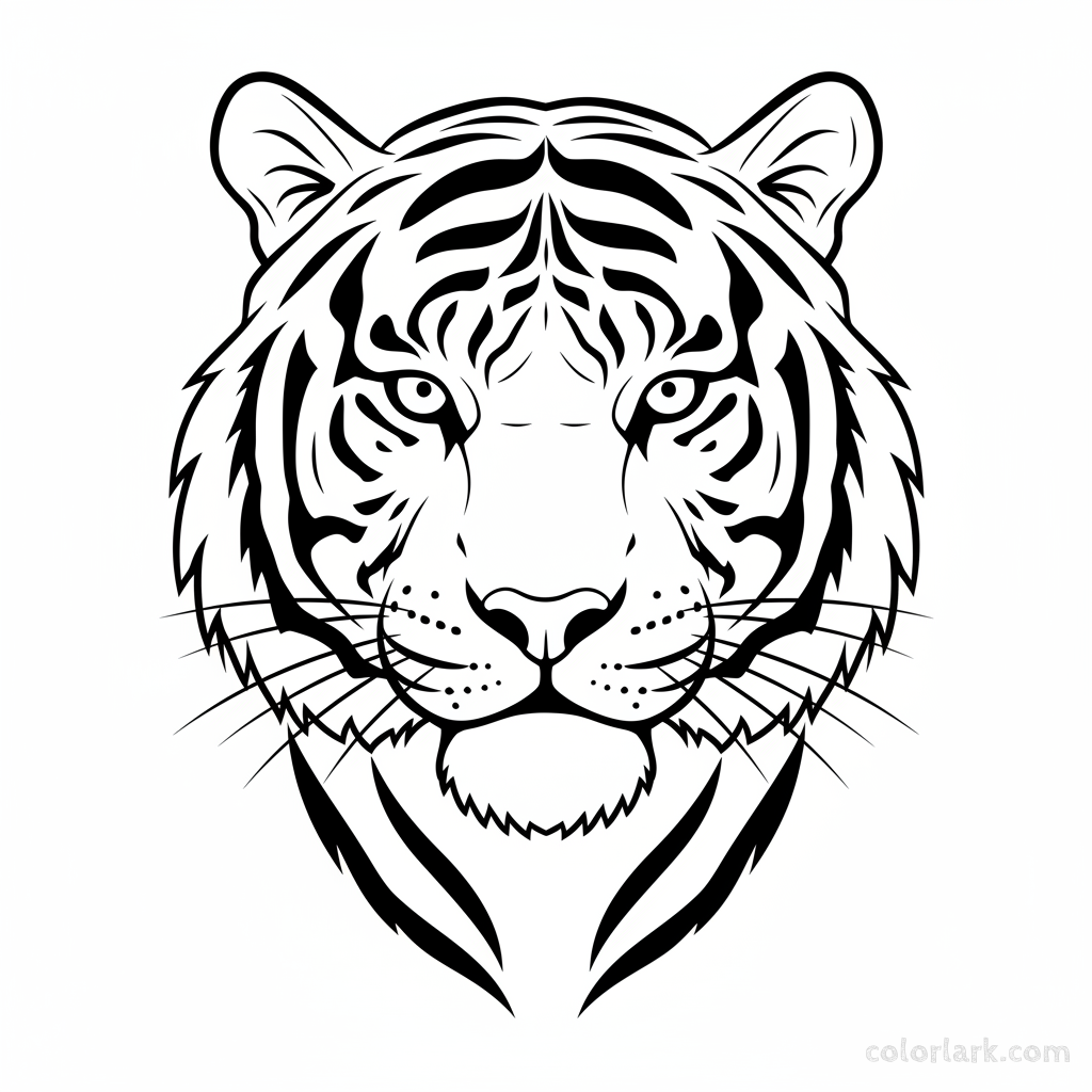 Black and white line art close-up portrait of a majestic Bengal tiger