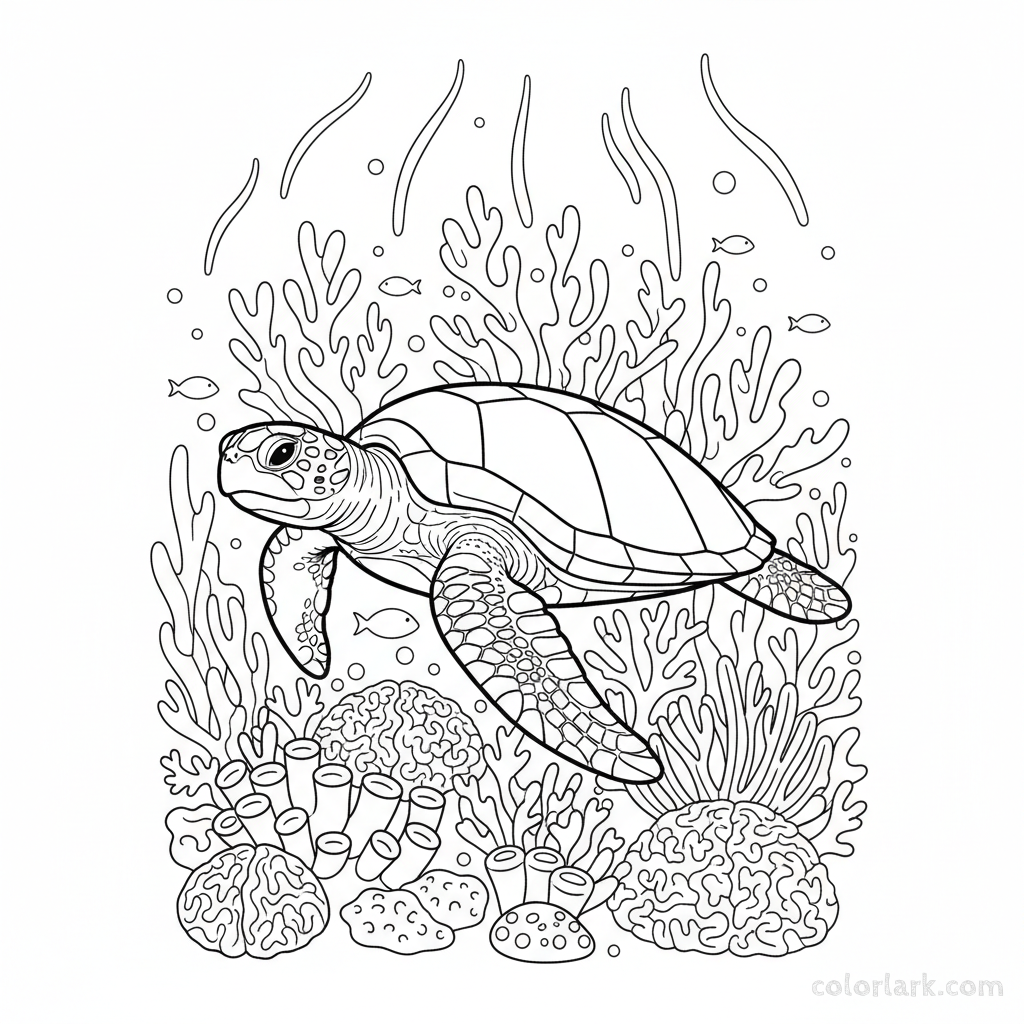 Black and white line art coloring page of a majestic green sea turtle swimming through a detailed coral reef.