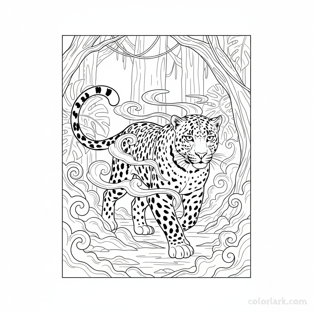 Indian leopard coloring page, misty jungle clearing, printable animal art