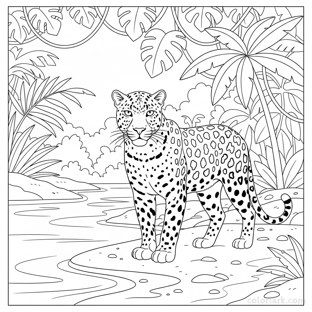 Majestic Indian Leopard on sandy riverbank detailed coloring page