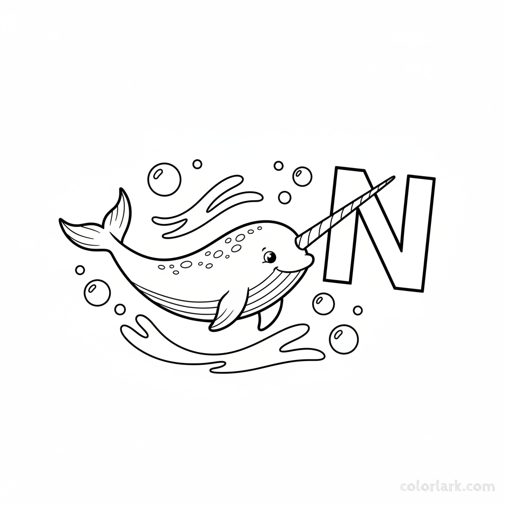 Black and white line art of a majestic narwhal swimming near the letter N.
