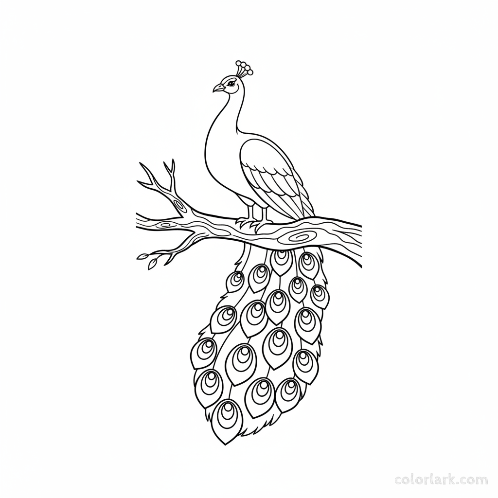 Black and white line art coloring page of a majestic peacock sitting proudly on a sturdy tree branch with its tail feathers flowing.