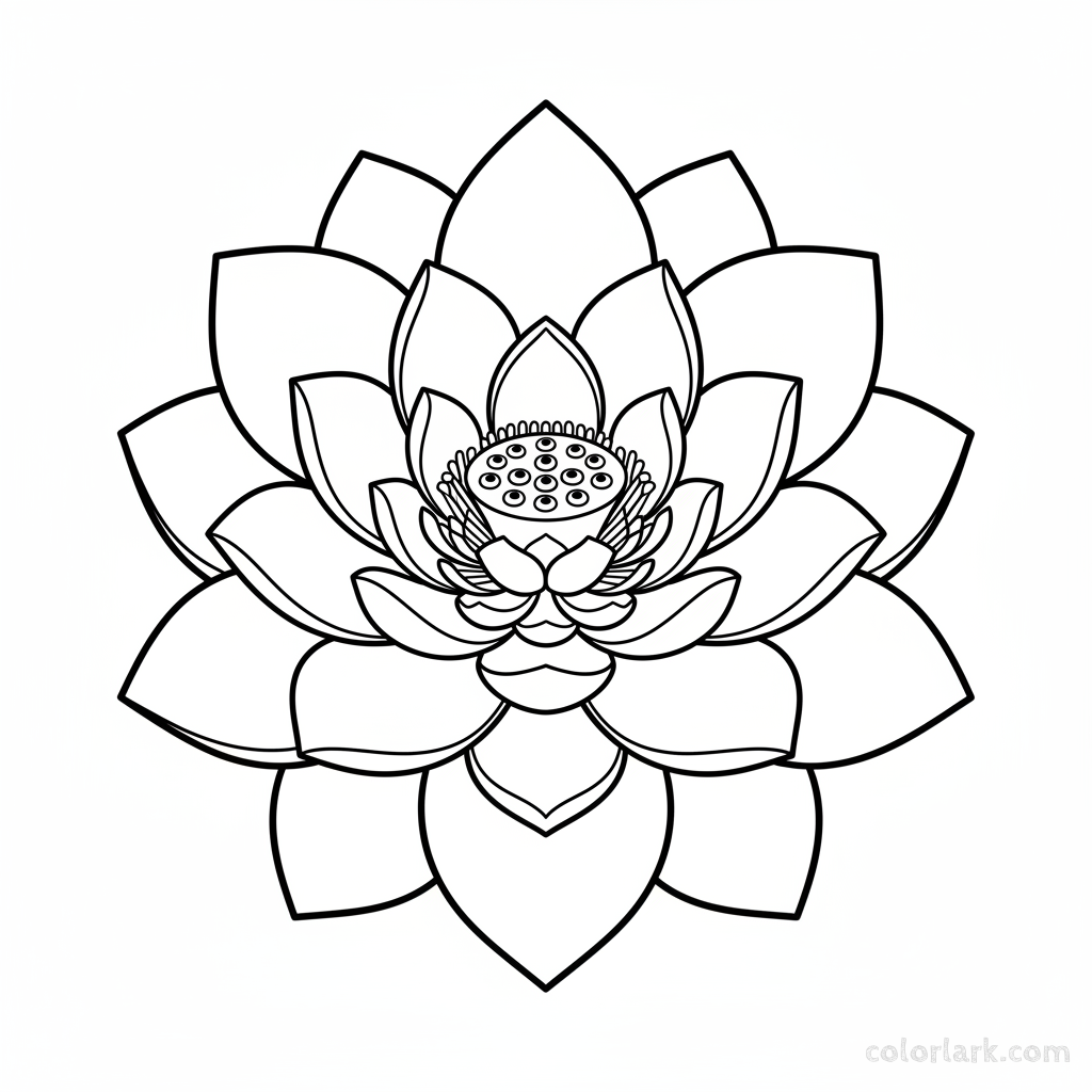 Black and white outline of a majestic white lotus bloom in full splendor.