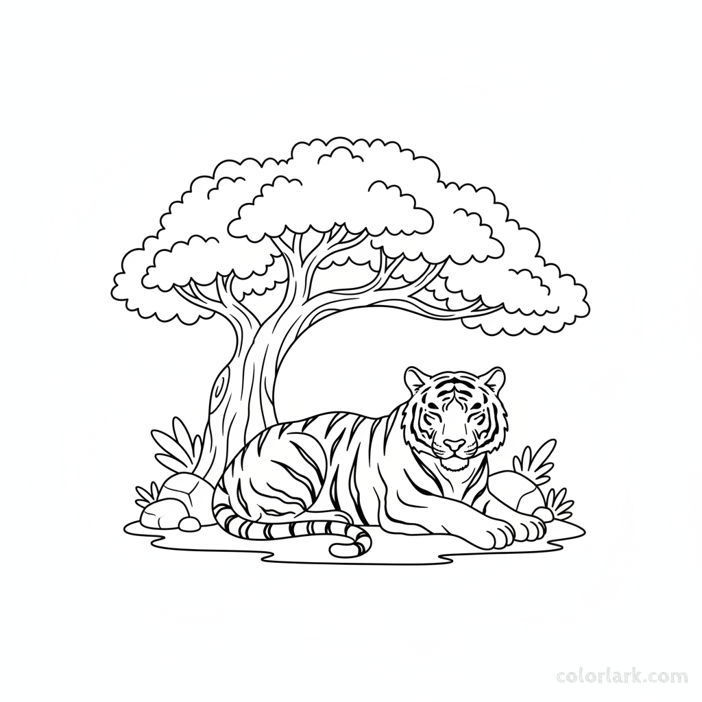 Black and white line art coloring page of a majestic white tiger resting under a tree in the shade.