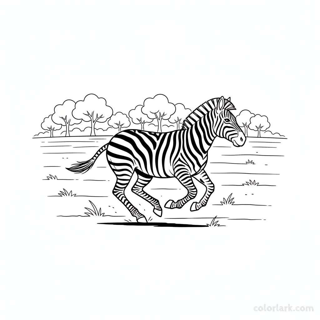 Line art of a majestic zebra galloping gracefully across an open grassy plain in a large zoo habitat.