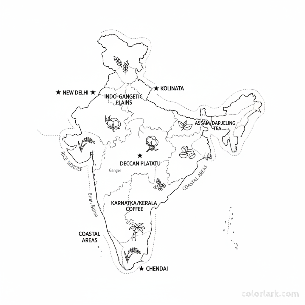 Line art coloring map of India, indicating major crop-producing regions with small icons of crops like wheat and rice.