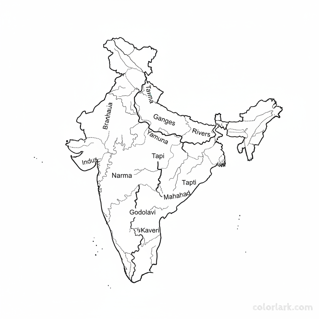Line art coloring map of India, highlighting all major rivers like the Ganges, Brahmaputra, Godavari, and Krishna.