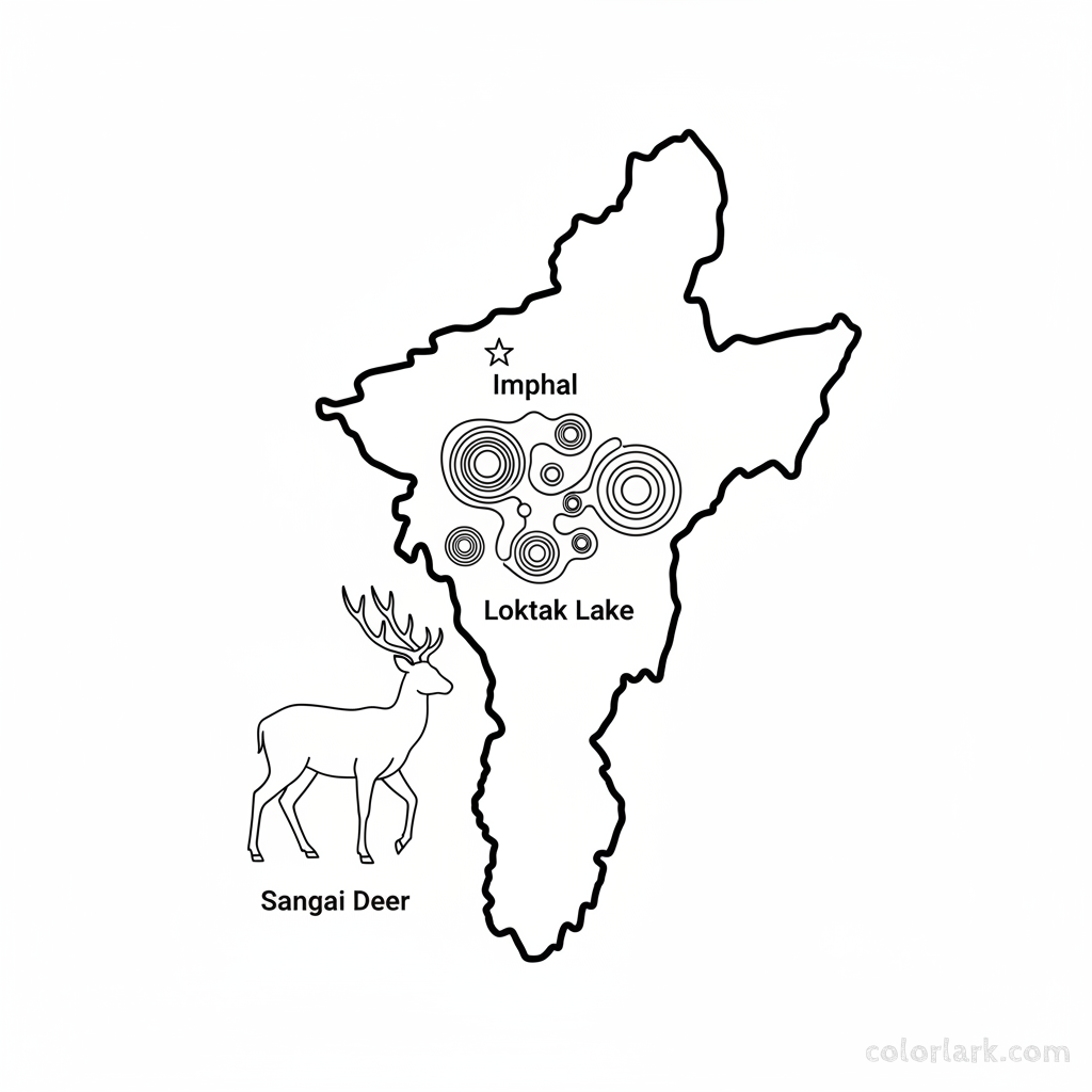 Line art coloring map of Manipur state, featuring Loktak Lake with its phumdis and a Sangai deer icon, with Imphal.