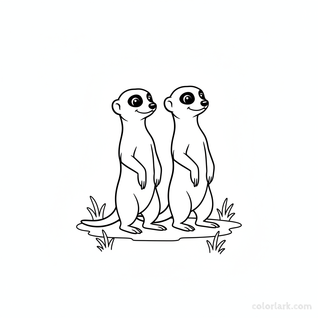 Black and white line art of two meerkats standing alert, simplified for easy coloring by toddlers.