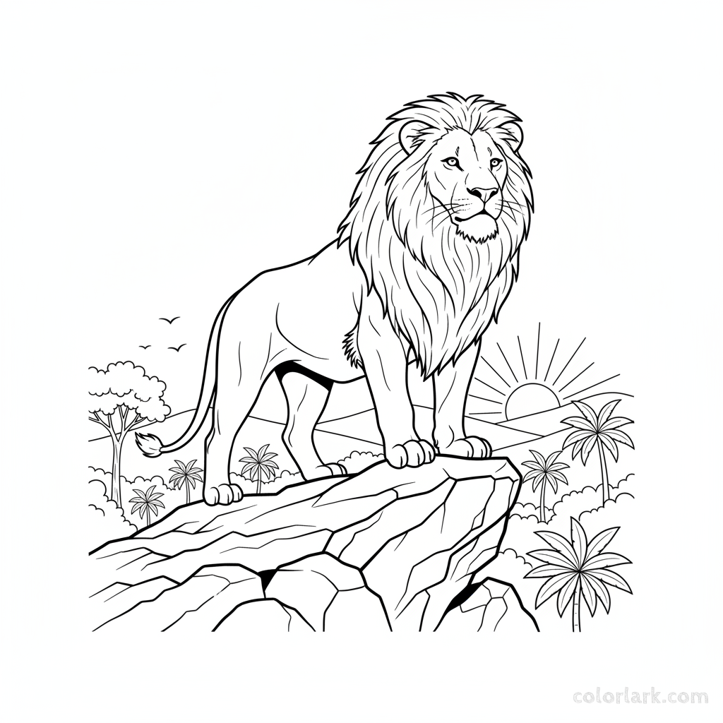 Black and white line art of a mighty Indian lion standing on a rocky outcrop