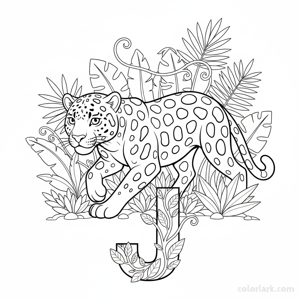 Black and white line art of a mighty jaguar prowling near the letter J.