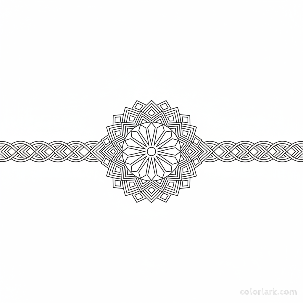 Black and white line art of a minimalist Rakhi with intricate threadwork and geometric weaving patterns for adult coloring.