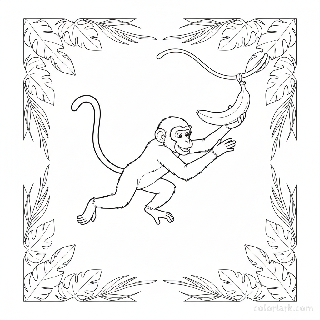 Black and white line art of a mischievous Macaque monkey jumping with outstretched hands to grab a hanging banana.