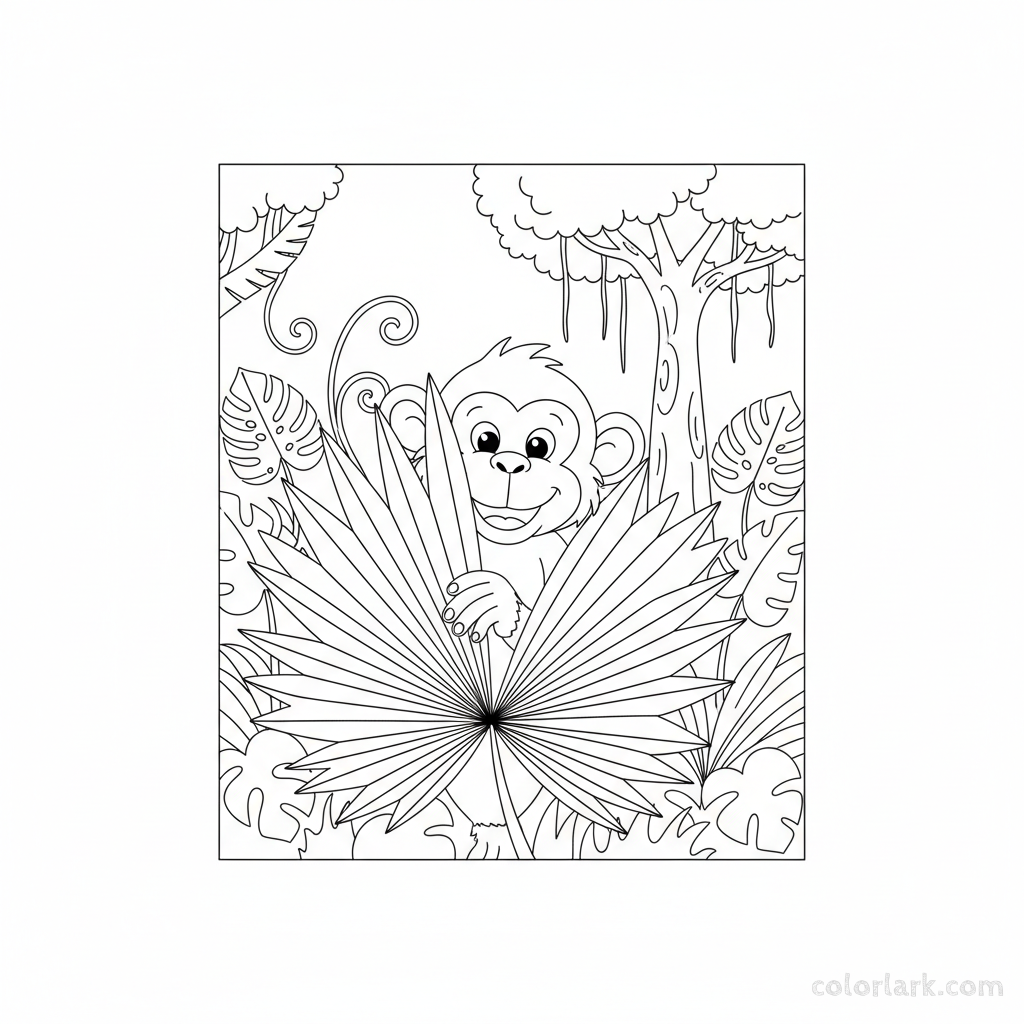Black and white line art of a mischievous monkey peeking from behind a giant palm leaf