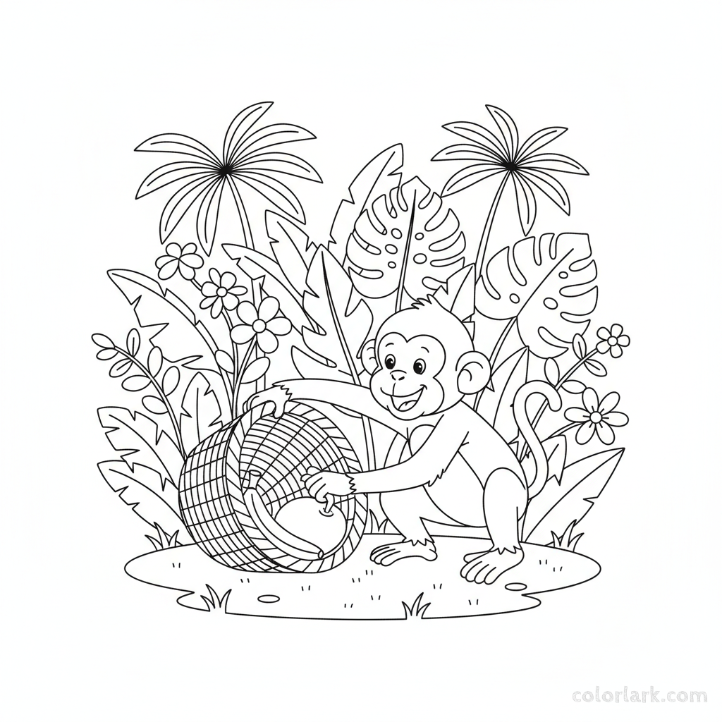 Black and white line art of a mischievous monkey stealing fruit from a basket in an Indian jungle
