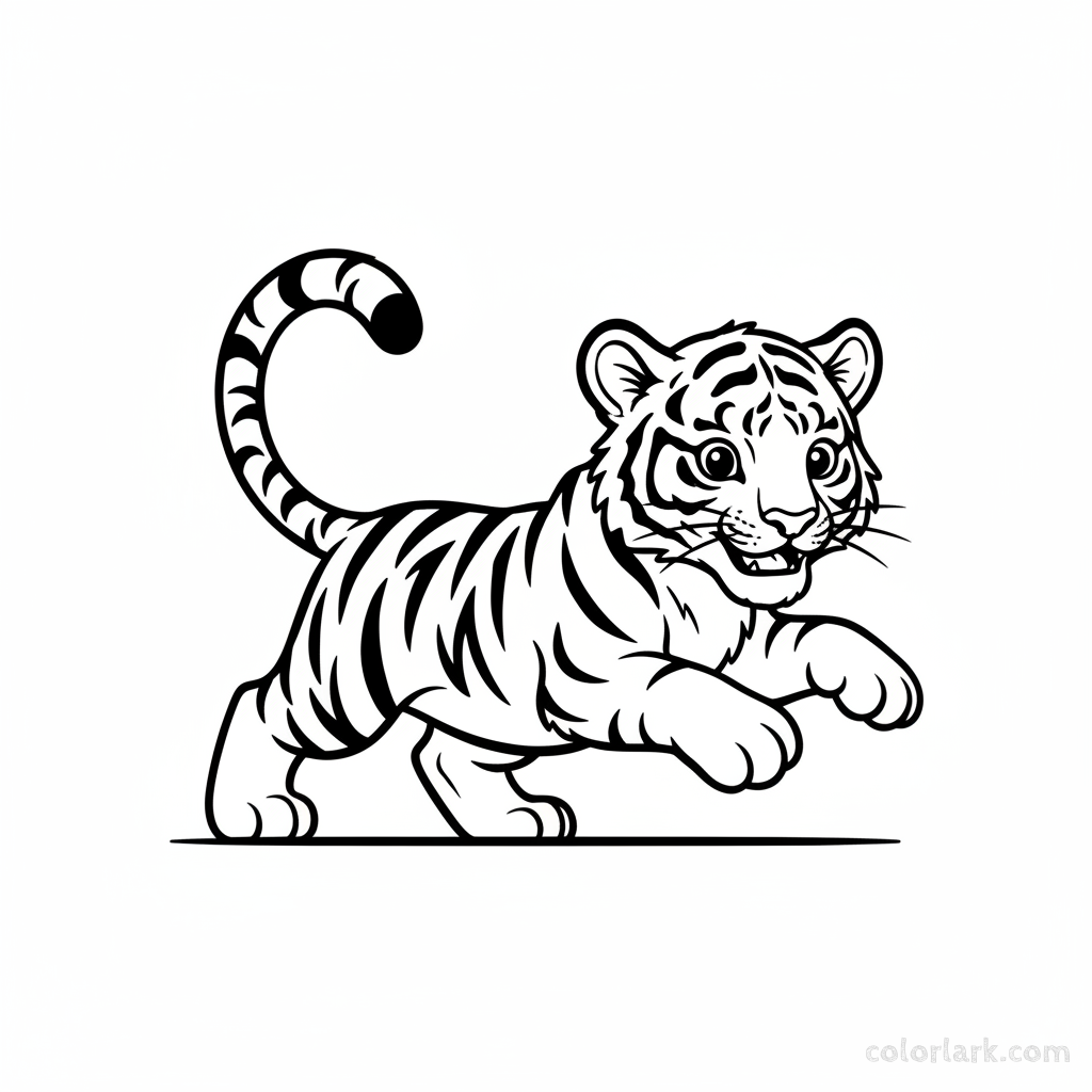 Black and white line art of a mischievous tiger cub in a playful pouncing pose, easy for kids to color.