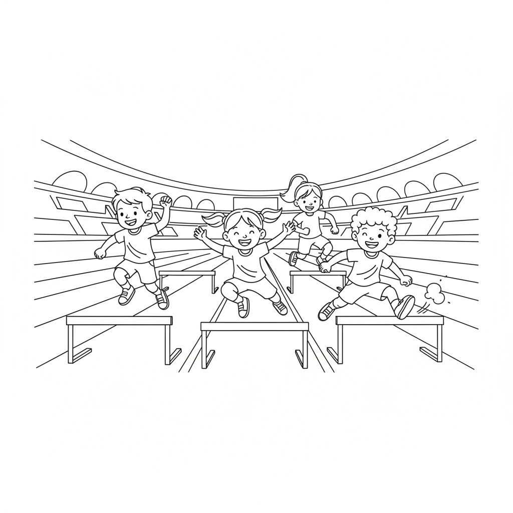 Black and white line art of a mixed gender group of children in a friendly hurdle challenge on an athletic track.