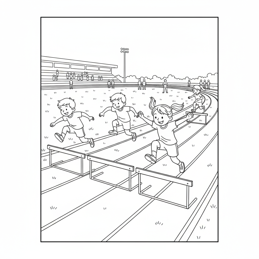 Black and white line art of a mixed group of four kids practicing hurdle jumps on an athletics field.