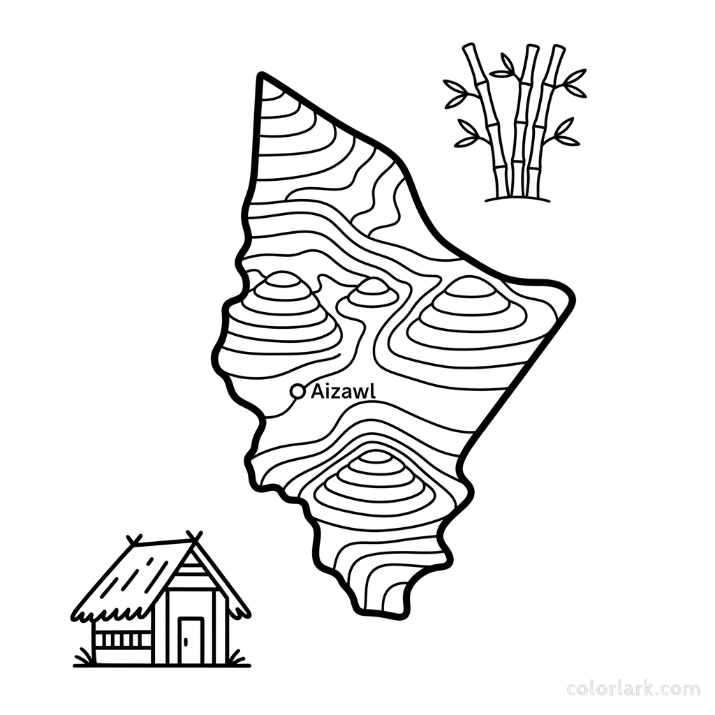 Line art coloring map of Mizoram state, featuring Aizawl, the Durtlang Hills, and subtle bamboo illustrations.